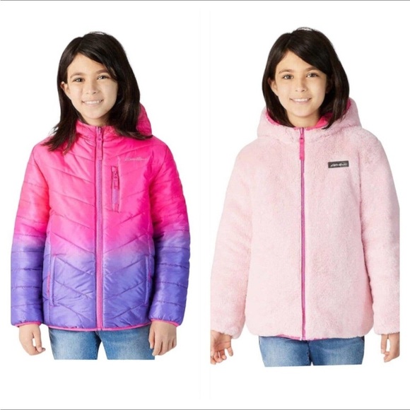 Eddie Bauer Coat Girls Large 14-16 Youth Deer Harbor Reversible Pink Purple Hood - Picture 1 of 15